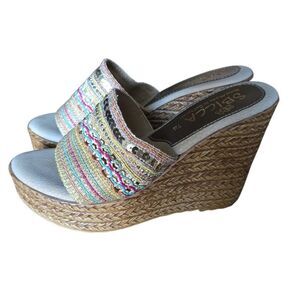 Sbicca Women's Size 7 Gold Sequin Tan Straw Espadrille Slide On Wedges